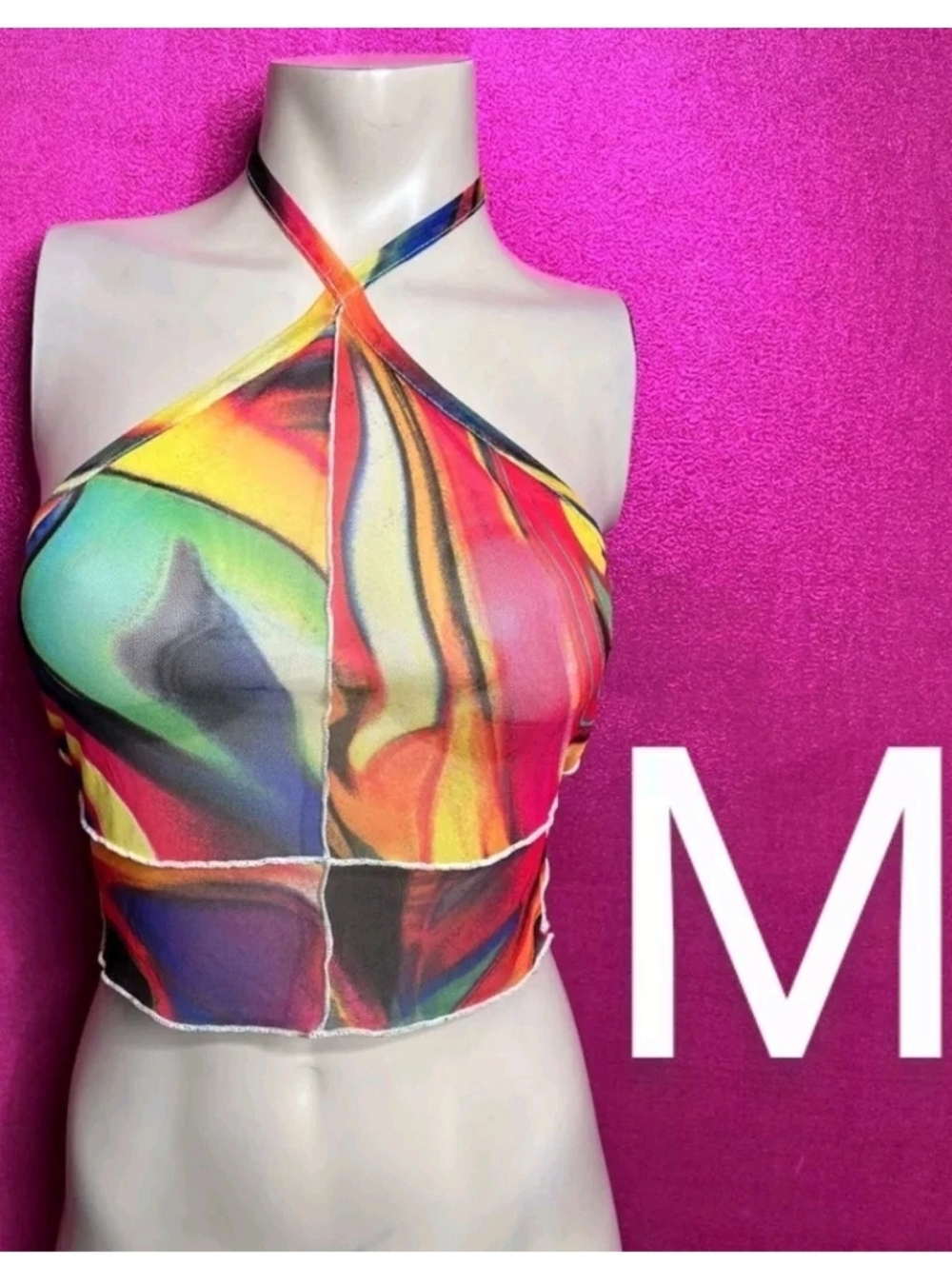 🆕Multi Color Print Design Mesh Halter Crop Top   Size M